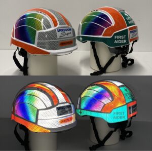 Photo showing reflective helmets in light and dark conditions